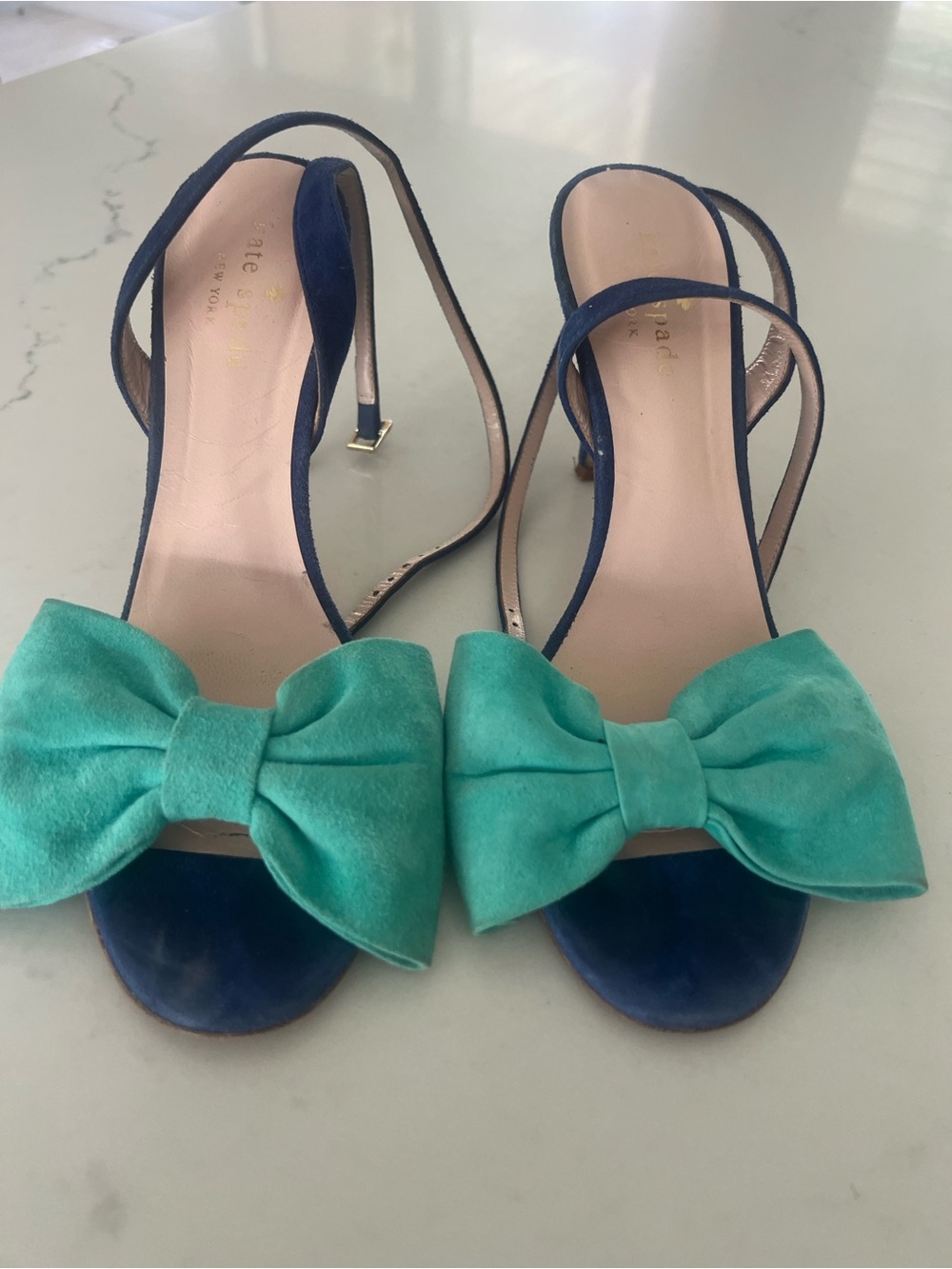 kate spade Teal Bow Open-Toe Slingback Heels with Navy Straps